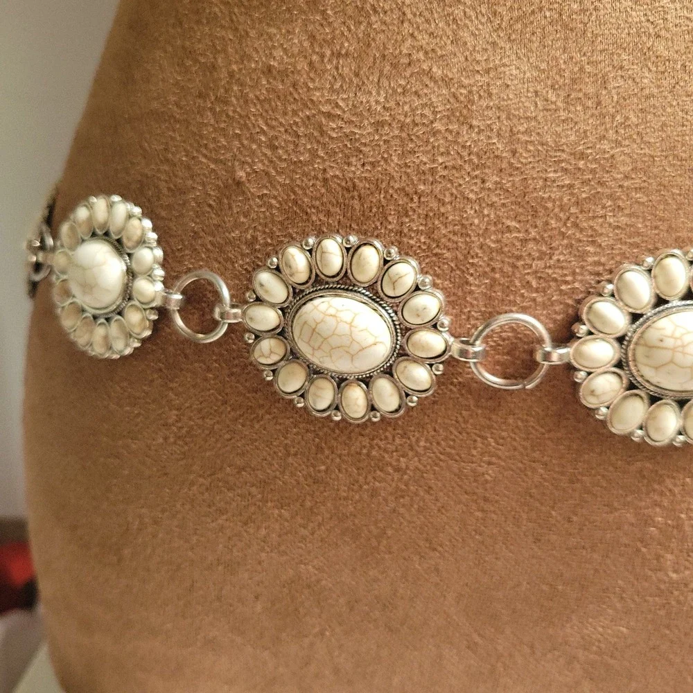 Silver White Faux Turquoise Concho Chain Belt Adjustable Size Western